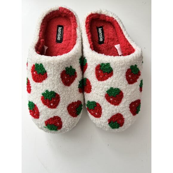 Kensie Shoes - Kensie Sherpa Memory Foam Strawberry Print Slip On Slippers Women’s Size 8